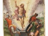 an image of a painting of jesus on the cross above a group of people