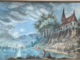 painting of a painting of a church on a cliff overlooking a body of water