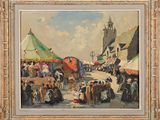 an oil painting of a street scene with people and tents