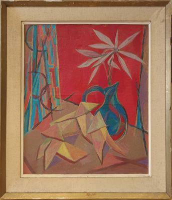 un tableau représentant un vase et un vase posé sur une table