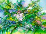 peinture abstraite représentant des fleurs dans un vase posé sur une table