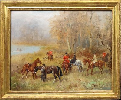 peinture d'un groupe de personnes à cheval dans un champ