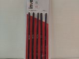 three red pens are in a package on a white surface