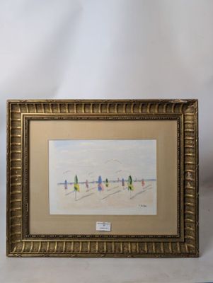 painting of a group of people walking on a beach in a gold frame