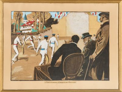 une image représentant un tableau où l'on voit un groupe d'hommes en train de disputer un match de baseball