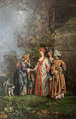 un tableau représentant un groupe de personnes debout dans un champ