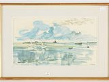 a watercolor painting of a boat on the water