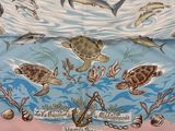 underside of an umbrella with a picture of a group of sea animals on it