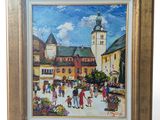 an oil painting of a town square with a clock tower in the background