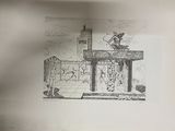 a drawing of a building with a clock on top of it