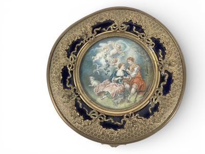 Couvercle de coffret en bronze doré et porcelaine bleu de Sè… - Photo 1