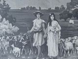 two women standing in a field with a herd of sheep