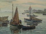 peinture d'un groupe de bateaux flottant sur un plan d'eau