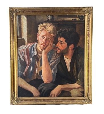 painting of two men sitting next to each other on a white background