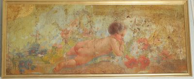 an oil painting of a naked child in a field of flowers