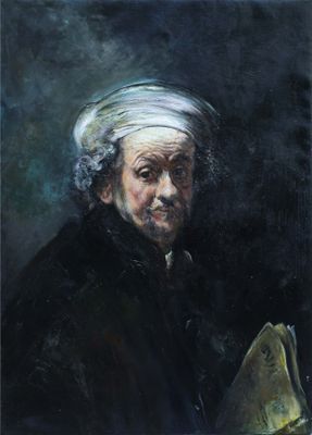 a painting of an old man with a white turban holding a fan