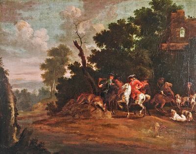 peinture d'un groupe d'hommes à cheval dans une zone boisée