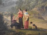 a painting of a group of people on a hill with a dog