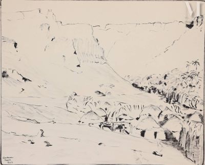 un dessin en noir et blanc représentant un paysage de montagne