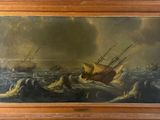 an oil painting of a ship in a rough sea with other ships in the background