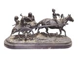 statue en bronze représentant une calèche tirée par un cheval, avec trois hommes à bord