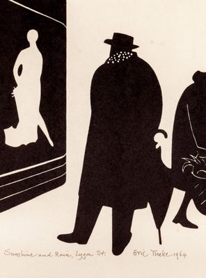 a black and white drawing of a man and a woman looking at a man in a suit