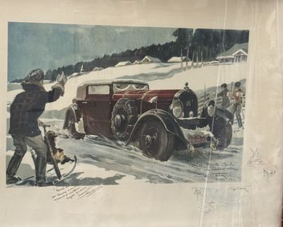 a picture of a painting of a man and a car in the snow
