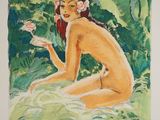 a painting of a woman sitting in the grass with a flower in her hand