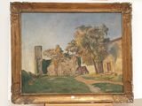 an image of a painting of a farm scene with a house in the background