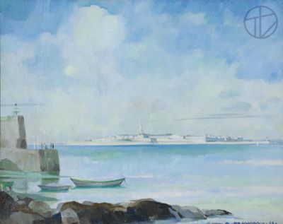 a painting of a boat on the water by the shore