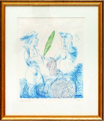 dessin encadré représentant un groupe de personnes dans un champ, avec une feuille verte