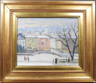 une image représentant un tableau où l'on voit des personnes marcher dans une rue enneigée