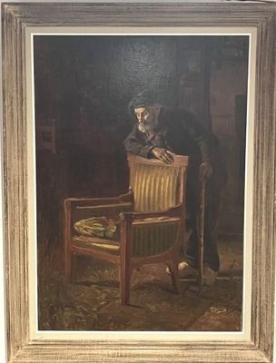 un vieux tableau représentant un homme assis sur une chaise, une canne à la main