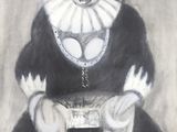 portrait d'une femme en robe noire, avec un col à volants blancs