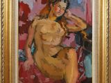 an oil painting of a nude woman sitting on a red chair