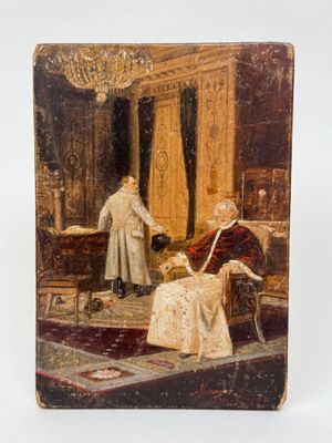 an old painting of a man and a woman in a living room