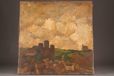 an image of a painting of a city with a sky background