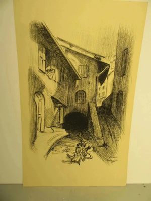 dessin représentant une maison devant laquelle se trouve un chat