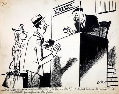 drawing of a cartoon of a man talking to a woman in front of a door