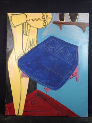 tableau représentant un tableau d'une femme avec un sac à main posé sur une table