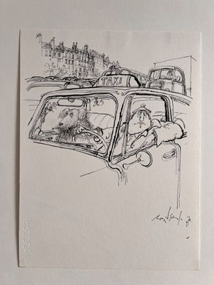 dessin représentant une voiture avec un chien sur le siège passager
