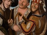 painting of three men in renaissance clothing holding instruments and smiling