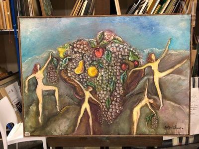 tableau représentant un groupe de personnes tenant un bouquet de fruits devant un arbre
