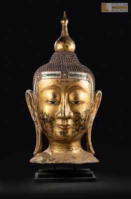 une tête de Bouddha dorée sur fond noir, avec un fond noir