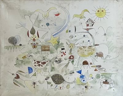 un tableau accroché au mur d'une pièce où se trouvent beaucoup d'objets
