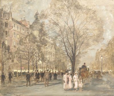 un tableau représentant des personnes marchant dans une rue d'une ville