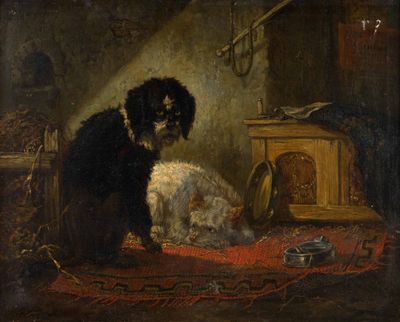 tableau représentant un chien noir et blanc assis sur un tapis rouge à côté d'un chien blanc