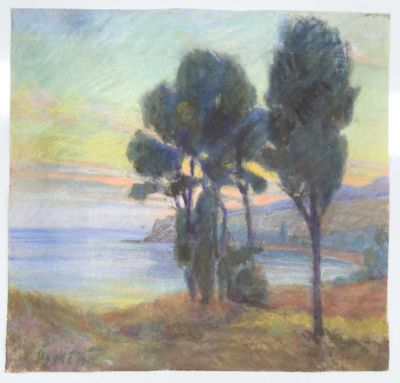 an image of a painting of three trees by the water