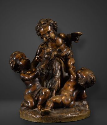 Sculpture allégorique en bronze représentant Amores jouant a…
