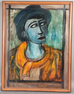 tableau représentant un homme portant un chapeau et une écharpe, dans un cadre en bois
